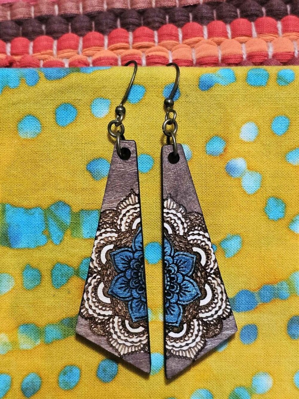 Boho Turquoise Ivory Mandala Statement Wood Earrings Geometric Dangle Pierced - Picture 9 of 11